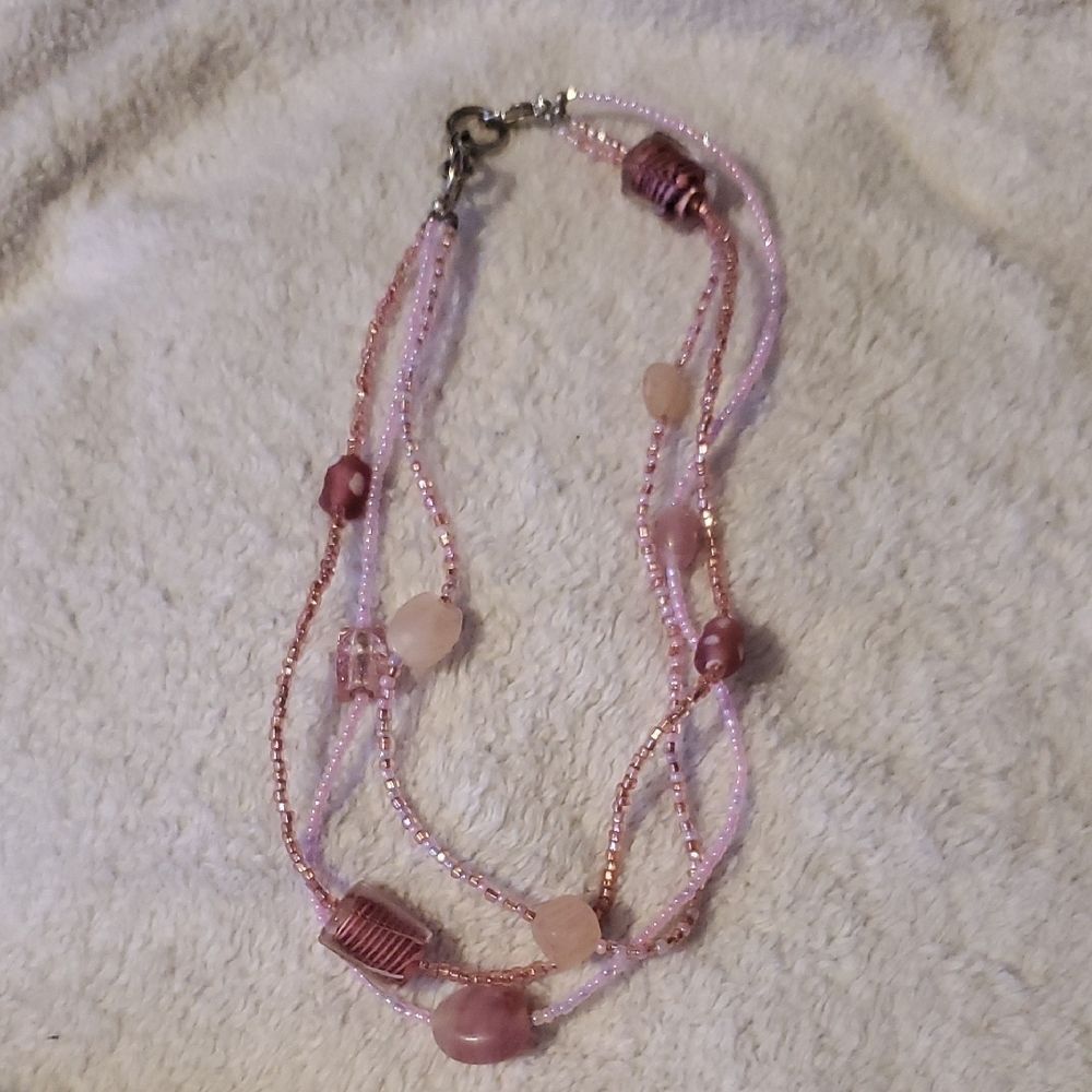 VTG Handmade Delicate Pink Multi-Strand Beaded Necklace Layered Statement Choker